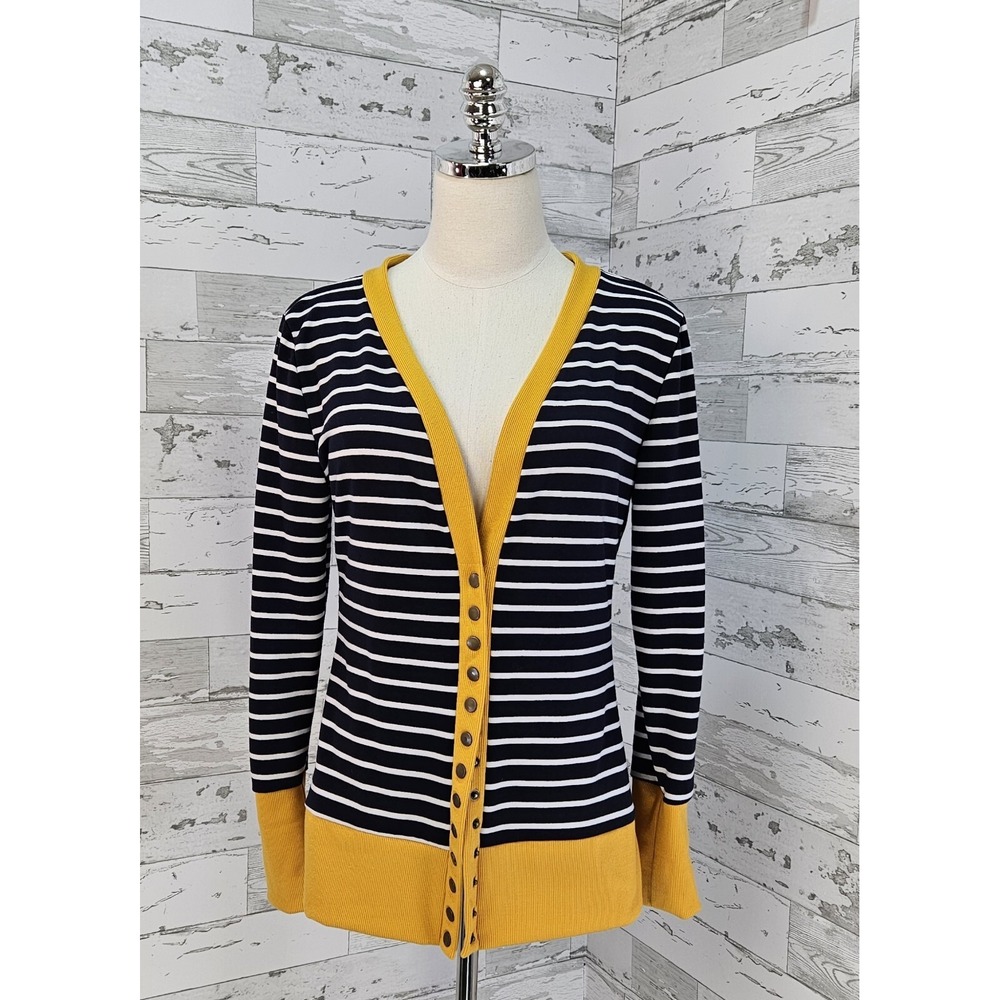 Create Timeless Designs Striped Snap Front Cardigan Navy Yellow Trim M